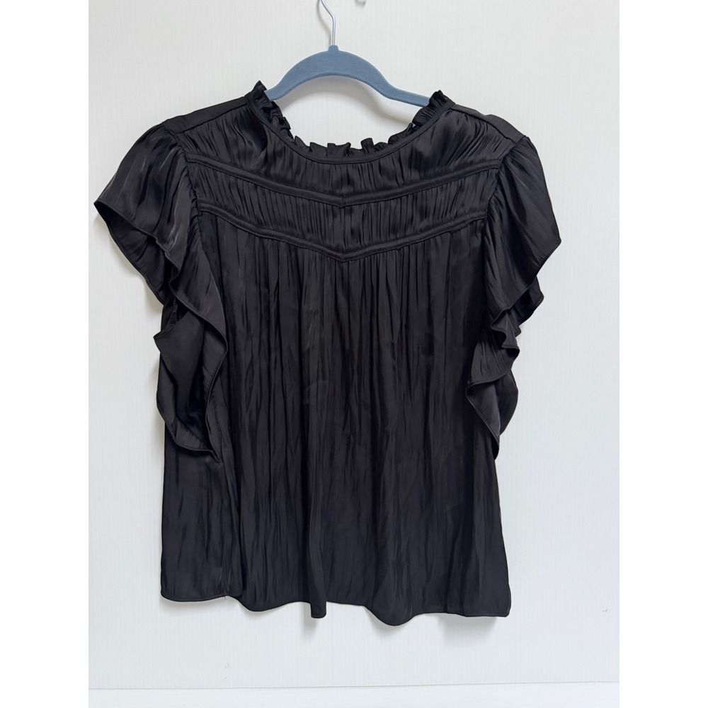Joie Black Ruffle Flutter Sleeve V-Neck Pintuck Pleated Silk Blend Blouse Large